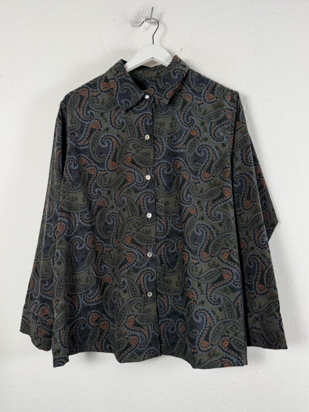 La Cabana Womens Paisley Print Button Up Shirt Size 2X Olive Green Long Sleeve